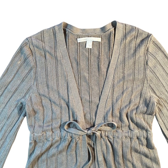 Vintage Gray Ribbed Knit Tie Waist Scalloped Hem Cardigan Sweater Small Y2K 90s - Picture 4 of 16
